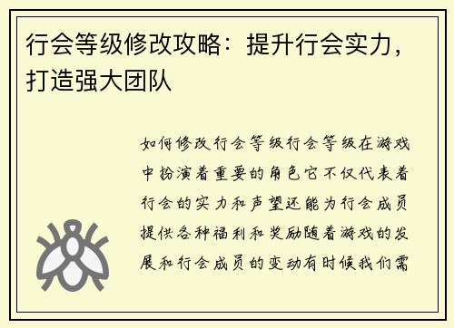 行会等级修改攻略：提升行会实力，打造强大团队